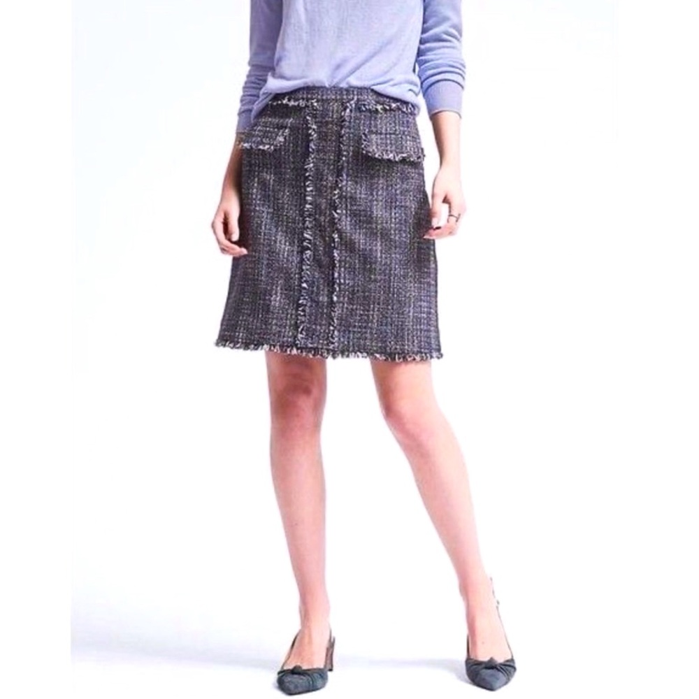 NWT Banana Republic Tweed Skirt Fringe Blue Preppy Academia Office Career Sz 16